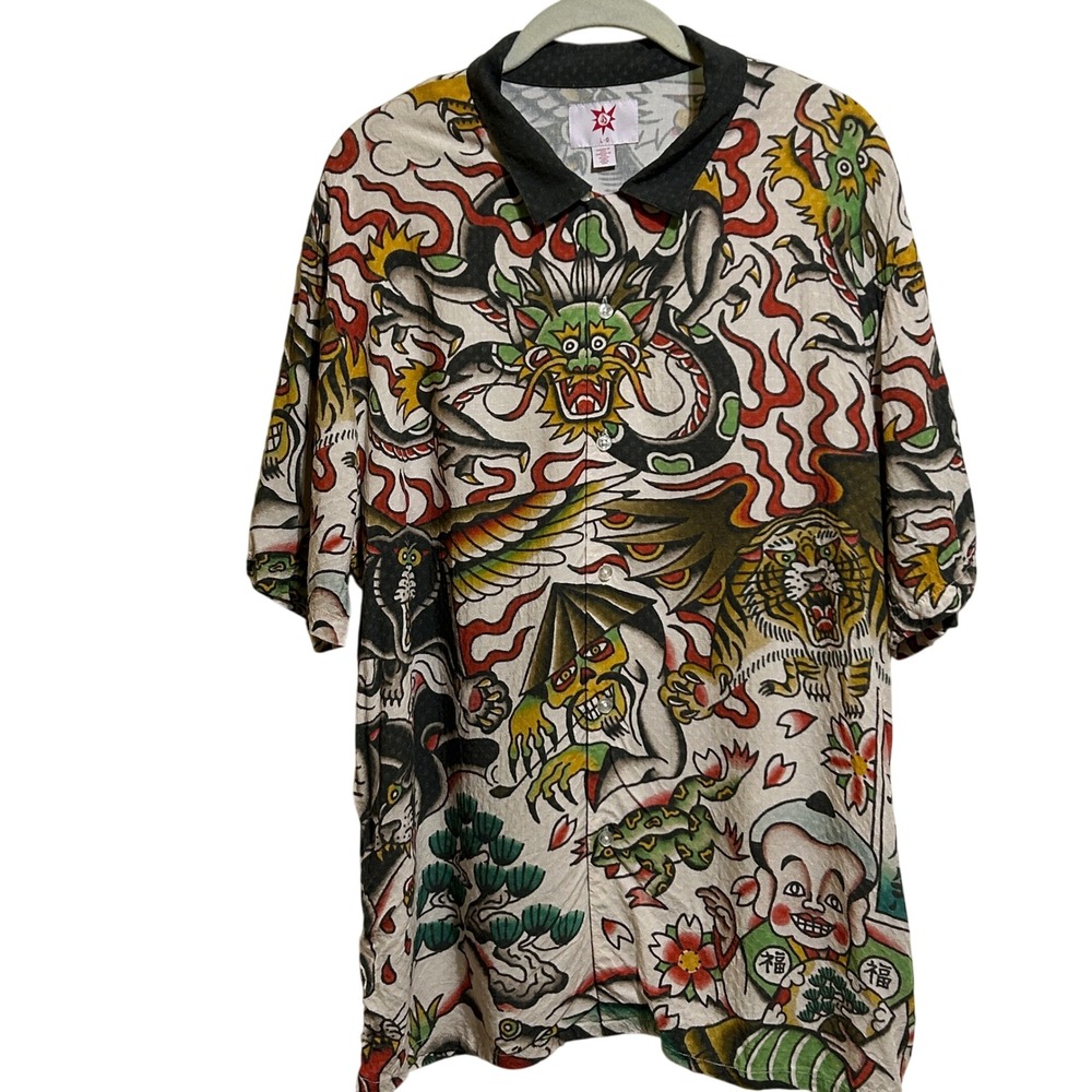 Volcom Dragon Tiger Tattoo Print Button Up Shirt L Japanese Irezumi Y2K